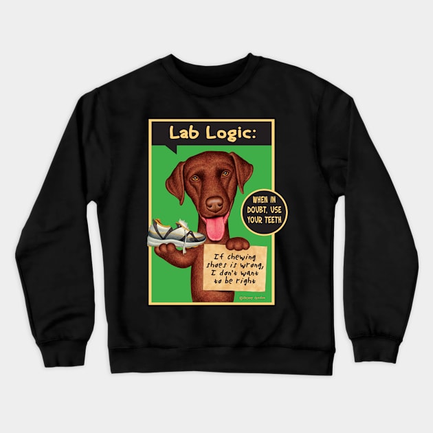 Funny Labrador Retriever Dog with new toy on Chocolate Lab Holding Sneaker Crewneck Sweatshirt by Danny Gordon Art